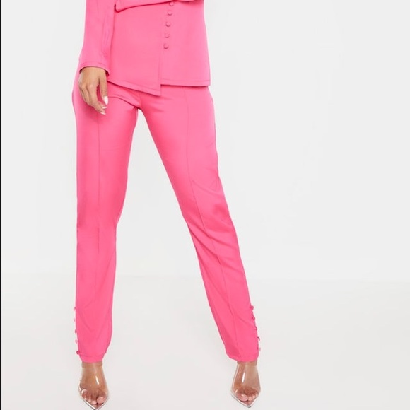Hot Pink Woven Button Cuff Detail Skinny Pants - Picture 3 of 4